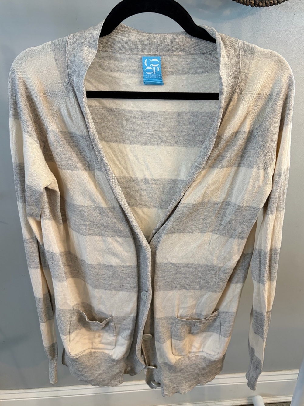Co-op by Barneys New York Striped silk cashmere Cardigan in Cream & Gray- Large